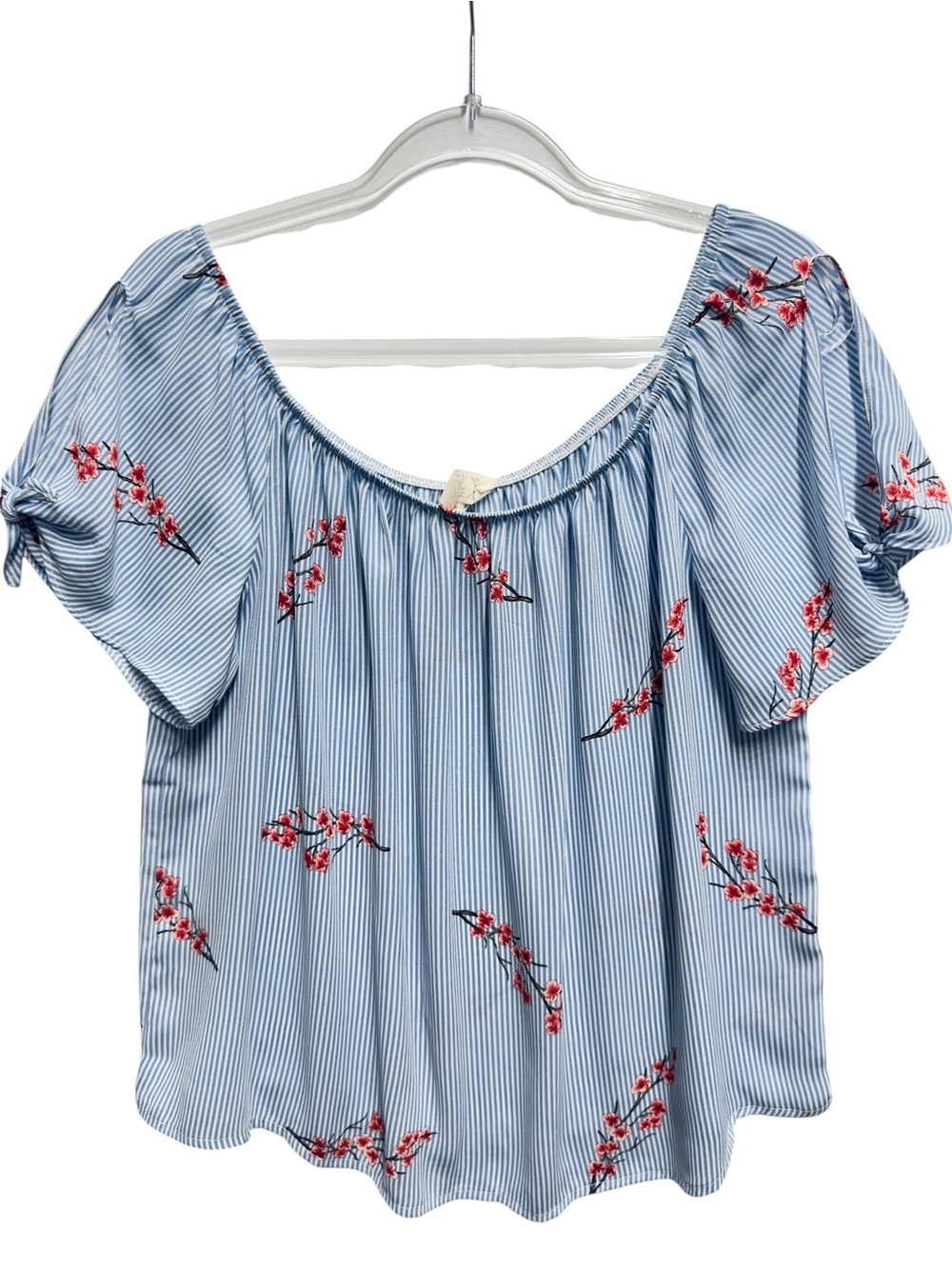 Satin Knit Pinstripe Floral Vines Off Shoulder Blouse Top - Picture 4 of 10